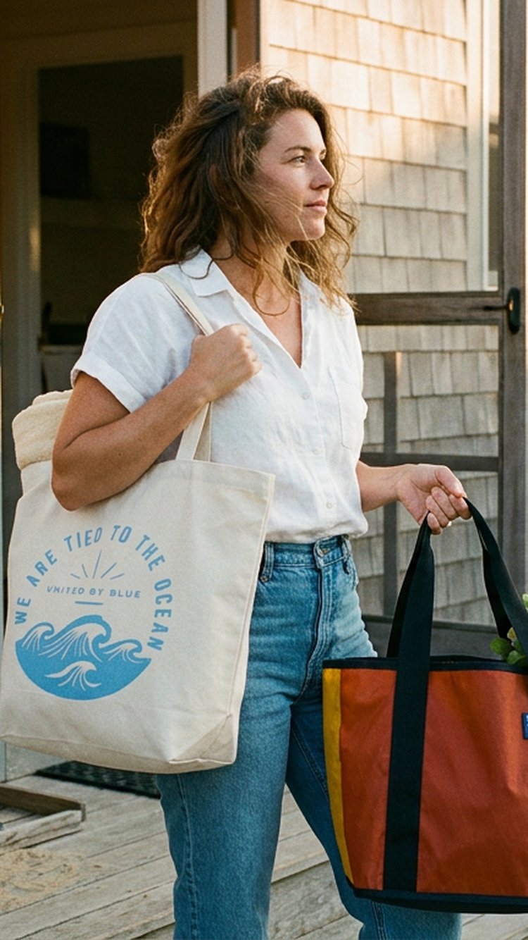 Memorial Day Sale at United By Blue — woman holding canvas totes on a cedar shake cottage porch at golden hour