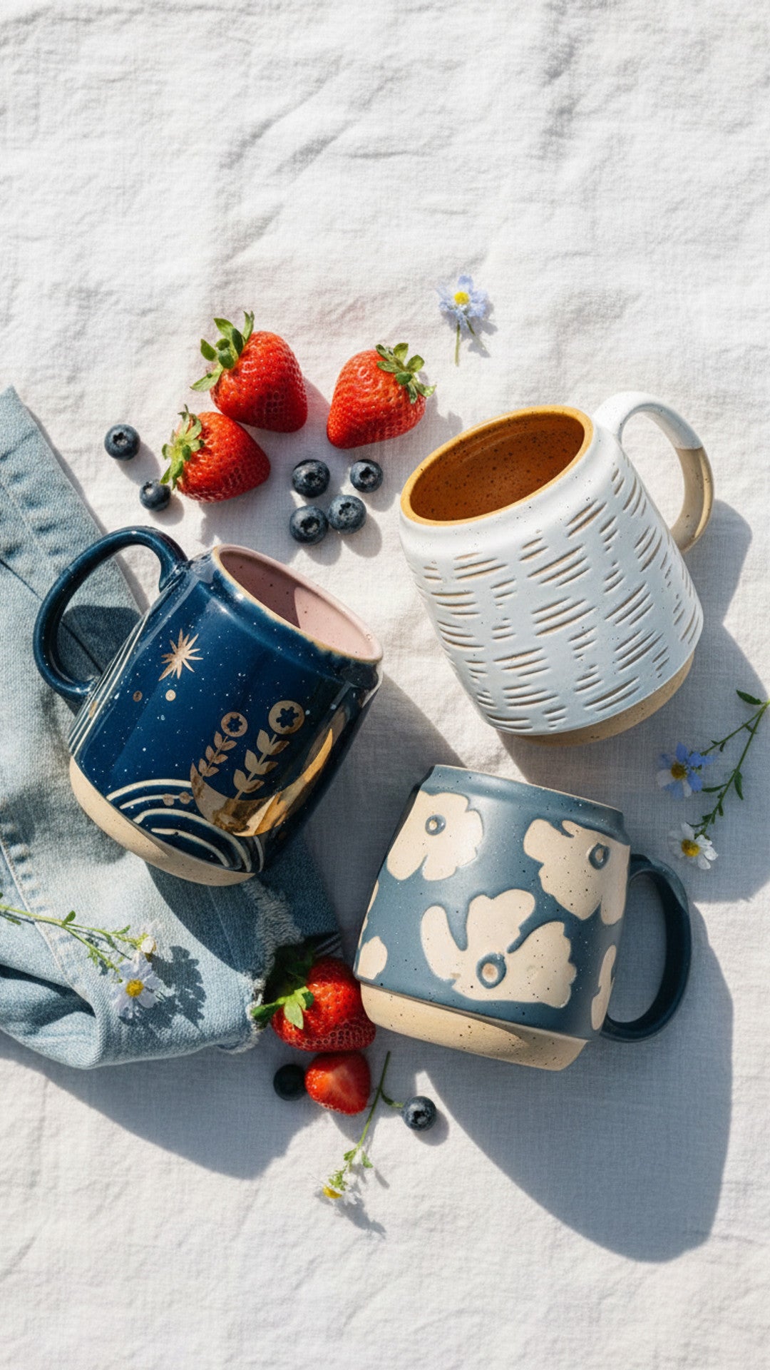 Speckled stoneware mugs on white linen with strawberries, blueberries and wildflowers