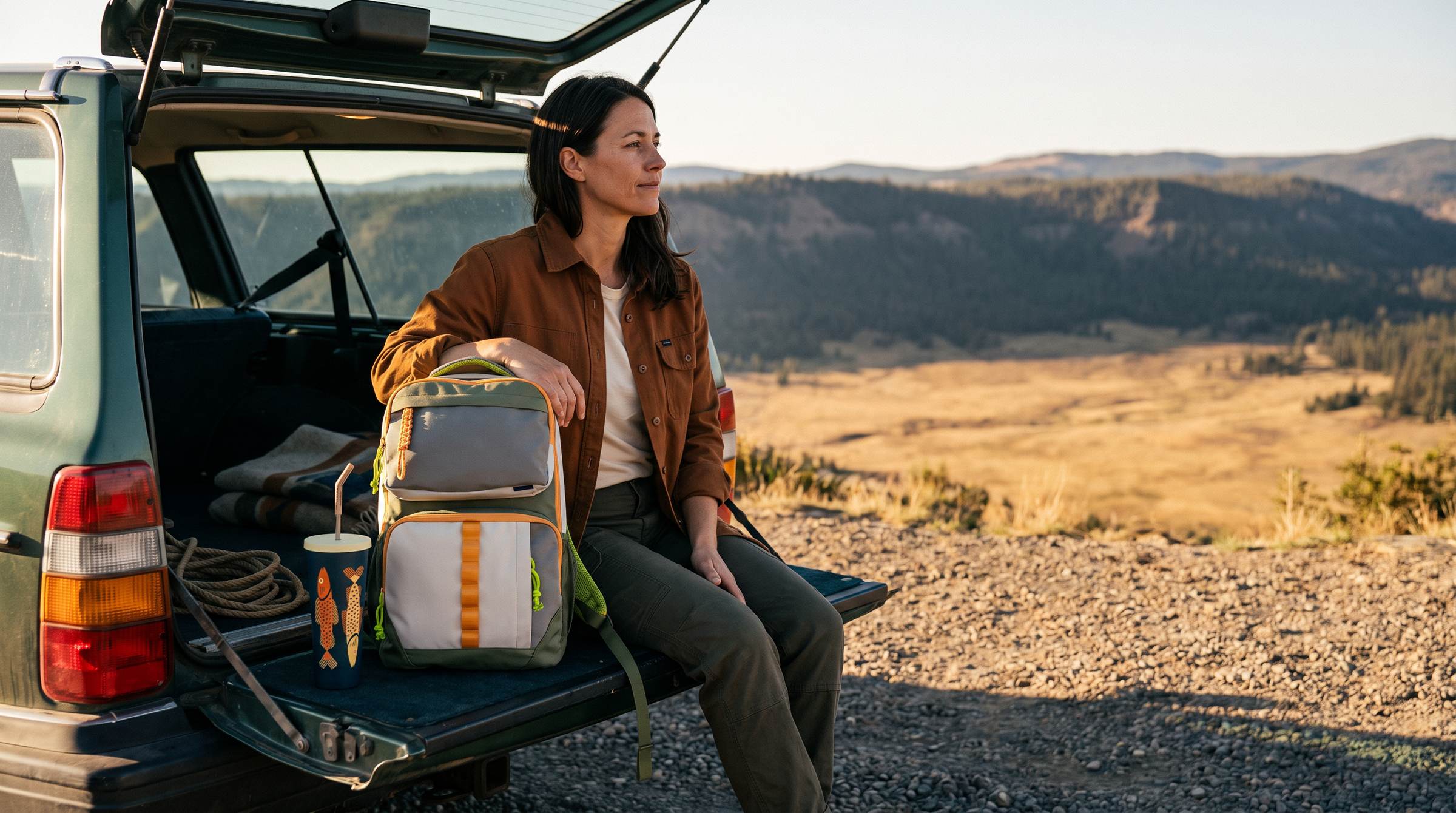A 25L Transit Pack and a 24oz tumbler on the open tailgate of a wagon at a highway pullout